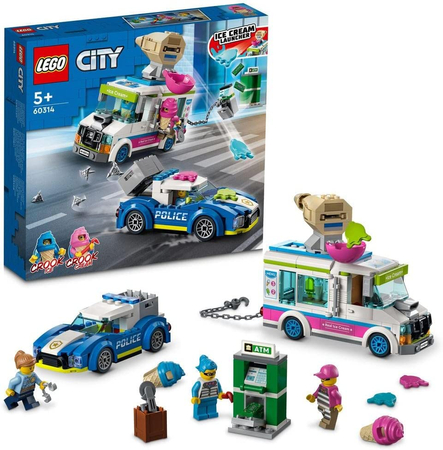 Klocki Lego City 60314, Policyjny pościg za furgonetką z lodami, 2 pojazdy, wyrzutnia lodów, figurki, 317 el., dla dzieci w wieku 5+