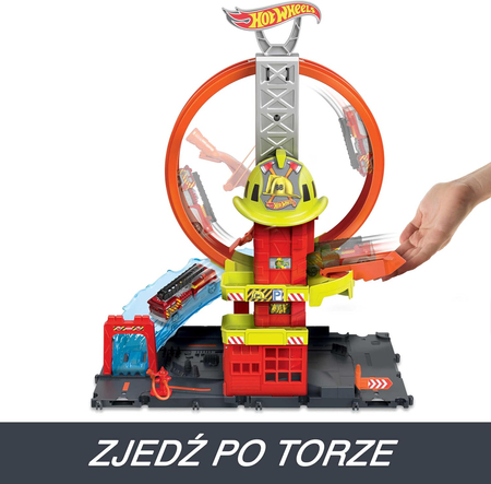 Hot Wheels, Remiza strażacka - superpętla z 1 samochodem zabawkowym, ręcznie sterowaną windą, rampą przypominającą wodę, elementami toru, samochody zabawkowe dla dzieci od 4 lat 