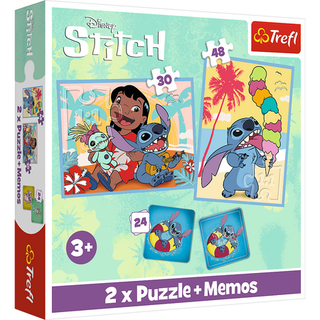 Disney Stitch, Zestaw dla dzieci: 2 x puzzle 30 i 48 el. oraz gra pamięciowa Memory, dla dzieci w wieku 3 lata+