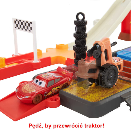 Mattel, Auta Cars, Zestaw Race and Go, Rozkładane pudełko z fragmentem trasy, Samochodzik Zygzak McQueen i Traktor, 20 el.