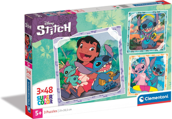 Clementoni, Disney Stitch, Puzzle dla dzieci 3-w-1, trzy obrazki o wymiarach 21 x 21 cm i 48 el. każdy, dla pięciolatków i starszych dzieci