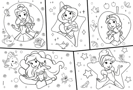 Disney Princess, Księżniczki, Duże puzzle podłogowe dla maluszków, 2 x 12 el. MaxiFloor, 2 dwustronne układanki, normalne puzzle i do kolorowania, obrazki o wymiarach 50 x 35 cm