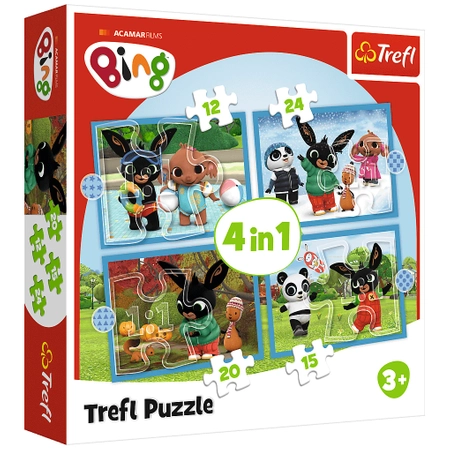 Trefl, Królik Bing, Puzzle dla dzieci zestaw 4-w-1, cztery obrazki do ułożenia: 12-15-20-24 el.