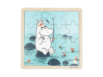 Muminki, Drewniane puzzle w ramce, Na ryby, 16 elementów, idealne dla malucha 18m+