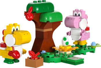 Klocki Lego Super Mario 71428 Niezwykły las Yoshiego — zestaw rozszerzający, 107 elementów, 2 figurki Różowy i żółty Yoshi, klocki oryginalne, dla sześciolatków