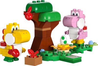 Klocki Lego Super Mario 71428 Niezwykły las Yoshiego — zestaw rozszerzający, 107 elementów, 2 figurki Różowy i żółty Yoshi, klocki oryginalne, dla sześciolatków