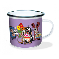 Emaliowany kubek z Krecikiem, Krecik i tort, Fioletowy kubek z uchem dla dzieci