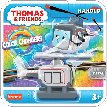 Tomek i Przyjaciele, Helikopter Harold, zmieniający kolor w zależności od temperatury, zabawka wykonana z metalu i plastiku, producent Fisher Price, seria Colour Changers, wiek dziecka 3+