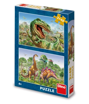 Dinozaury, Puzzle 2-w-1, Walki dinozaurów, 2 x 48 el., dwie układanki w jednym pudełku, wiek dziecka 4+