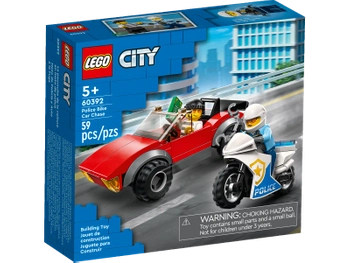 Klocki Lego City 60392 Motocykl policyjny – pościg za samochodem, 59 elementów, kabriolet, motocykl i 2 mini figurki, klocki dla dzieci w wieku 5 lat+