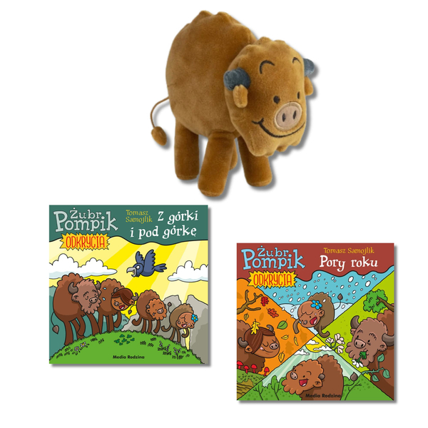 Żubr Pompik – maskotka + książki „Odkrycia” tom 2 i 3 | Edukacyjny zestaw dla dzieci