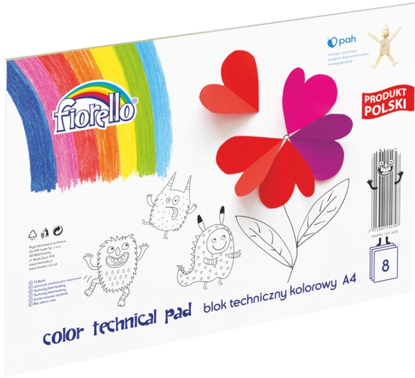 Blok techniczny kolorowy A4, 8 kartek, Fiorello
