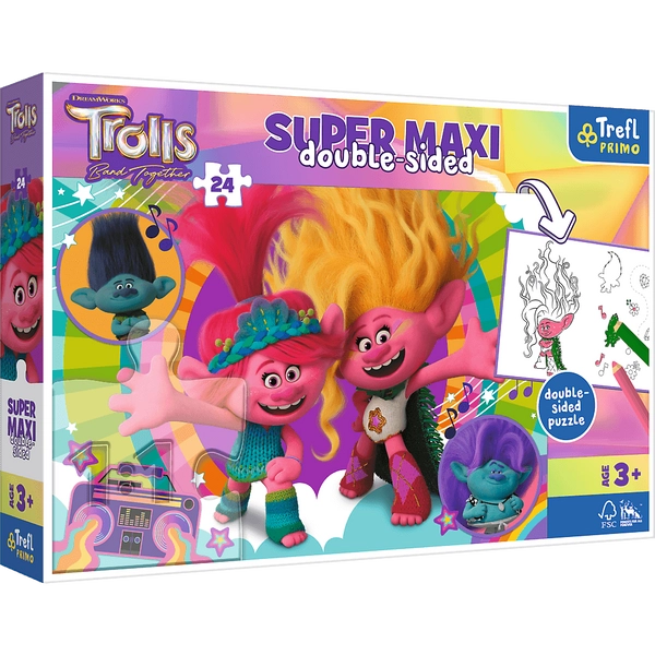 Trolle, Puzzle dwustronne Super Maxi, 24 duże elementy, obrazek po ułożeniu ma 60 x 40 cm, drugą stronę puzzli można kolorować, zabawka dla dzieci w wieku 3+