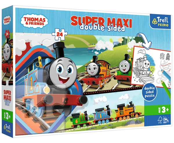 Tomek i Przyjaciele, duże puzzle Super Maxi, 24 duże elementy, dwustronne, jedna strona do kolorowania, wymiary obrazka 60 x 40 cm, dla dzieci w wieku 3+