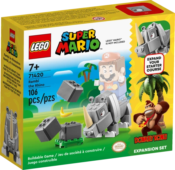 Klocki Lego Super Mario 71420 Nosorożec Rambi — zestaw rozszerzający, 106 el., figurka nosorożca, oryginalne klocki, zabawka dla siedmiolatków i starszych dzieci