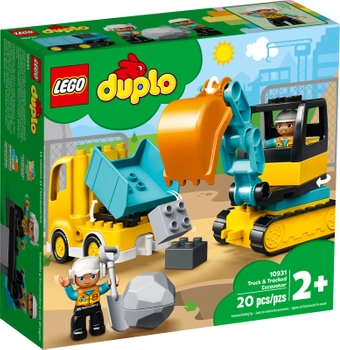 Klocki Lego Duplo 10931 Ciężarówka i koparka gąsienicowa, 2 pojazdy i 2 figurki, duże klocki dopasowane do małych rączek, super pomysł na prezent dla chłopca w wieku już od 2 lata+