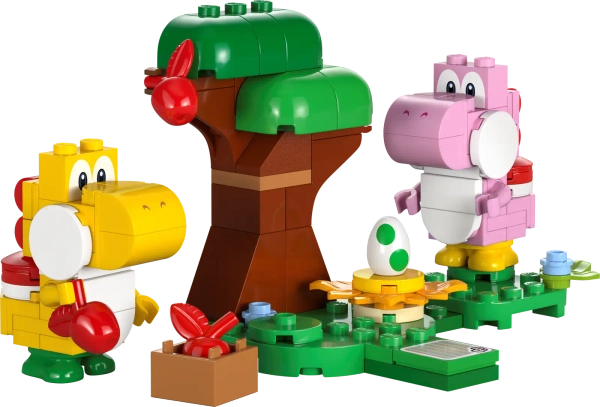 Klocki Lego Super Mario 71428 Niezwykły las Yoshiego — zestaw rozszerzający, 107 elementów, 2 figurki Różowy i żółty Yoshi, klocki oryginalne, dla sześciolatków