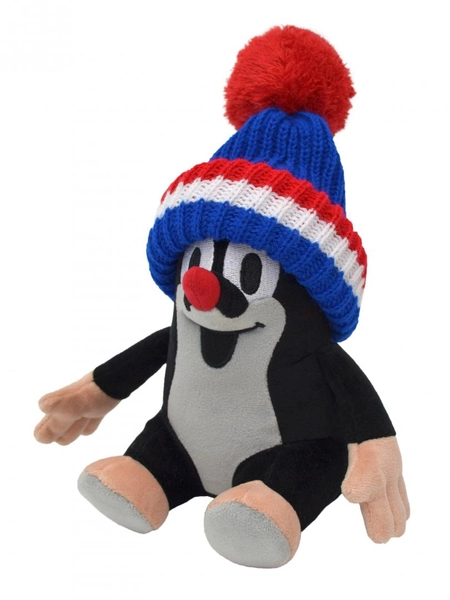 MU Brno, Krecik, Pluszowa maskotka siedzący Krecik w czapeczce z czerwonym pomponem, 20 cm, wysoka jakość