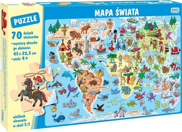 Puzzle edukacyjne dla dzieci, Mapa świata, 70 dużych elementów