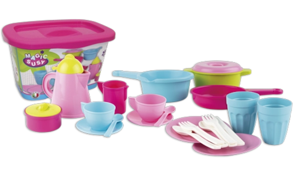 Androni, Zestaw kuchenny dla dzieci - Filiżanki - Spodki - Garnki 22, 24 elementy, wysoka jakość, wyprodukowane we Włoszech