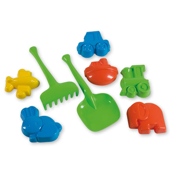 Androni, Włoskie zabawki, Zestaw do piasku Łopatka grabki foremki 8 el., wzór 106, renomowany producent, bezpieczny plastik, kolorowe i wytrzymałe
