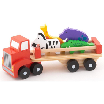 Drewniany samochód z lawetą i 4 figurki zwierząt
